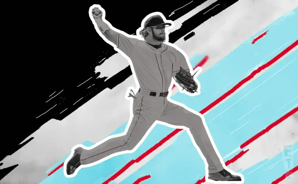 A baseball pitcher in mid-throw with a dynamic background of black, white, blue, and red stripes.