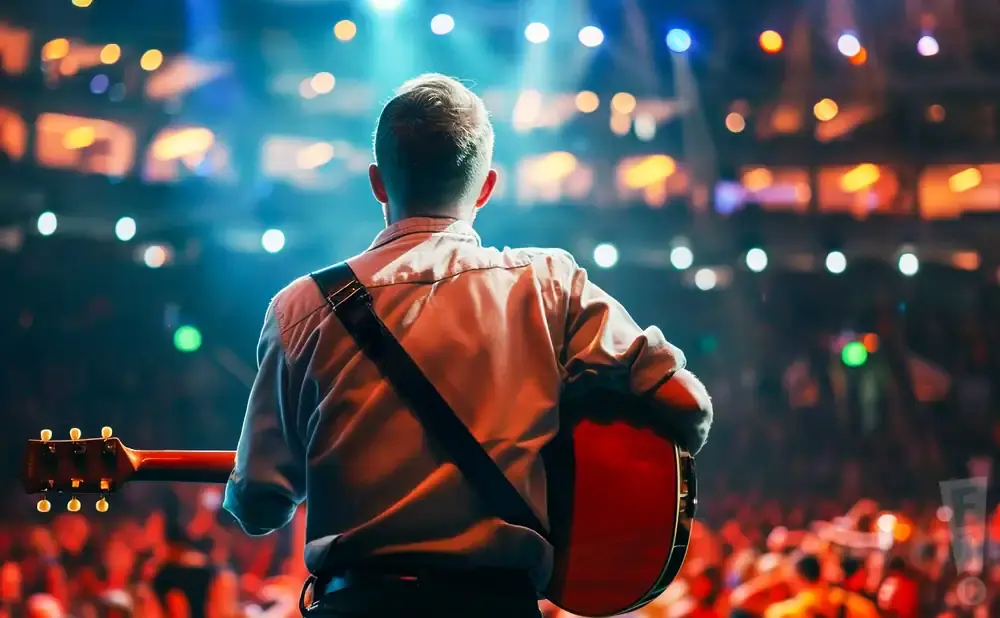 Guitarist on stage with a crowd in the background.