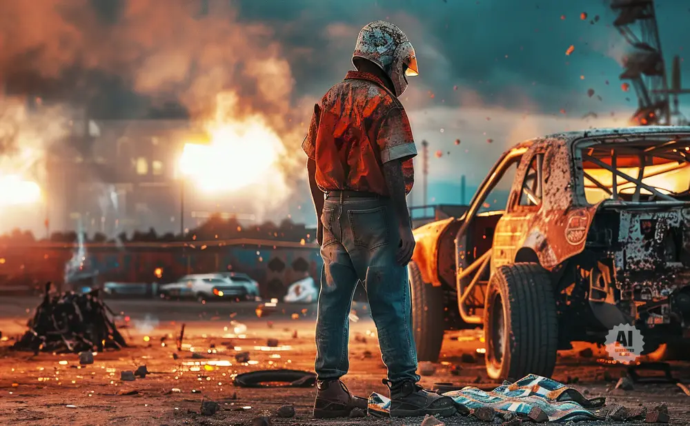 A person in a helmet stands next to a wrecked car, with a fiery, post-apocalyptic background.