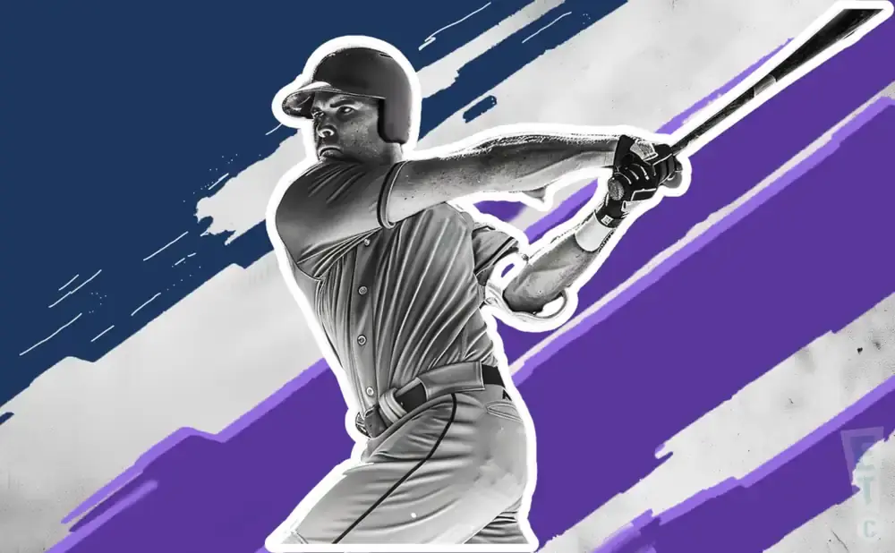 A baseball player swings a bat against a purple and blue background.
