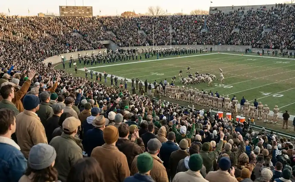 Spectators in vintage clothing watch a football game from a stadium, with players on the field and a marching band.