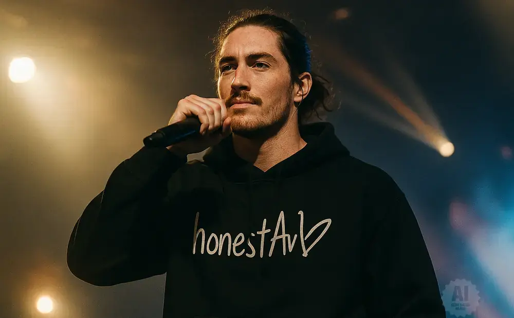 A man with long brown hair tied back, wearing a black hoodie, holds a microphone to his mouth on a stage lit by warm spotlights.