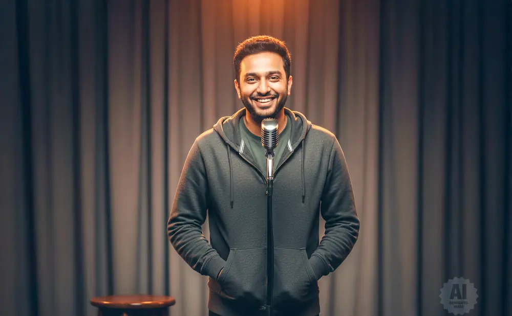 A smiling man in a grey hoodie stands at a microphone on a stage with curtains.