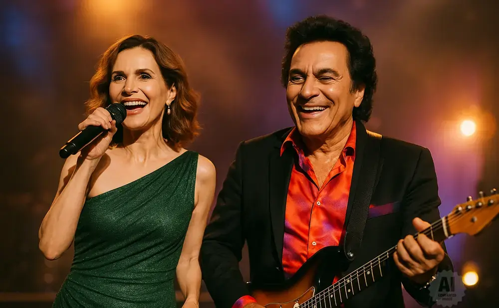 A man plays guitar and a woman sings into a microphone, both smiling.