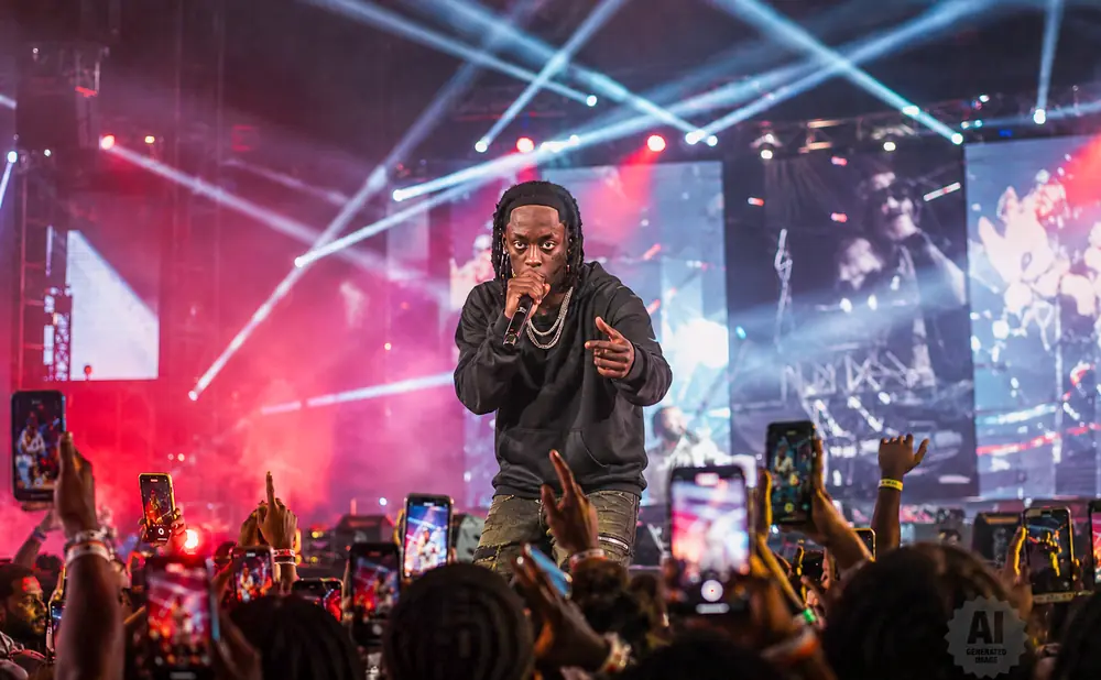 A rapper performs on stage with bright lights and a crowd holding up phones.