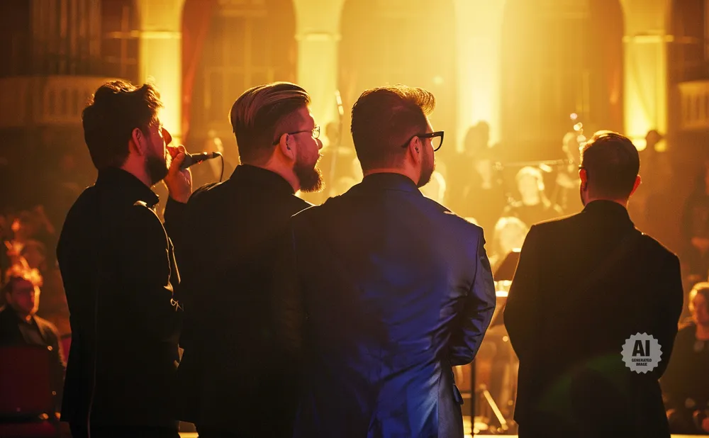 Four men in suits on stage, one singing into a microphone, with warm stage lighting.