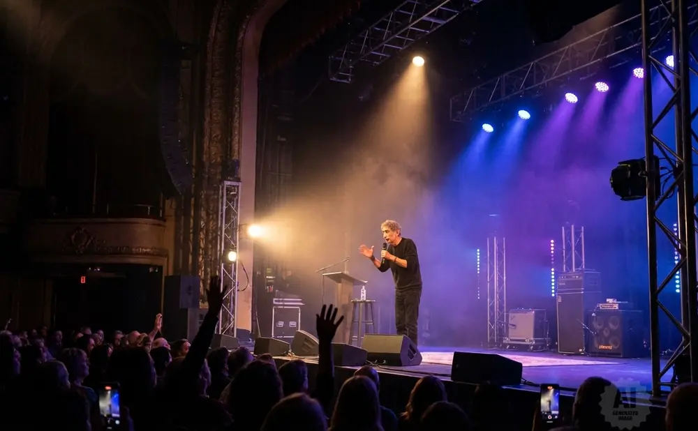 A comedian on stage with blue and orange lights, speaking to an audience.