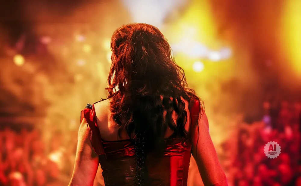 Back view of a woman with long, dark wavy hair wearing a red corset on stage with bright yellow and orange lights.