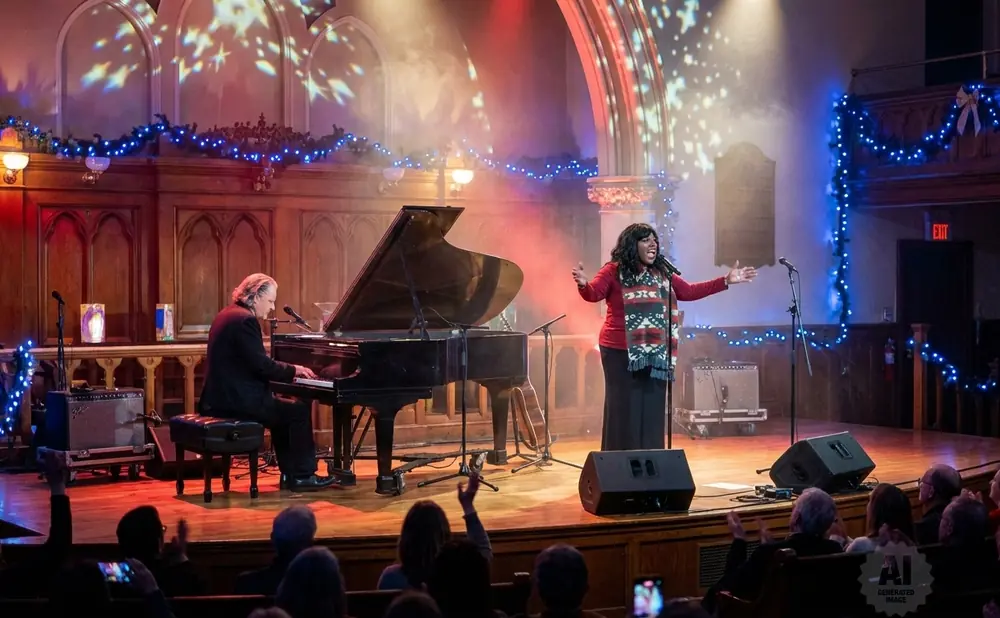 A man plays a grand piano on a stage decorated for Christmas, with an audience in the foreground.