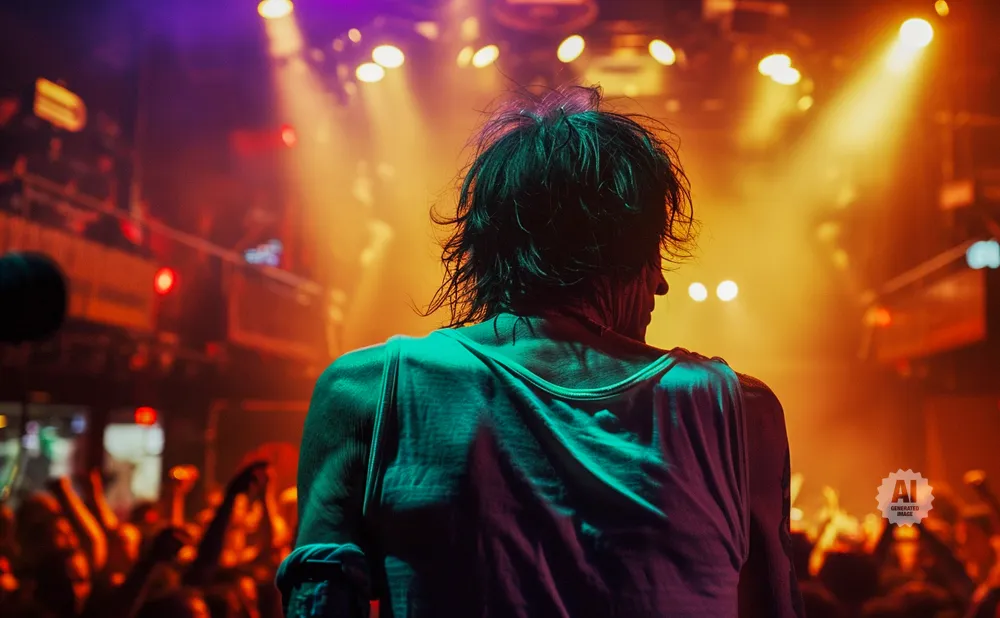 Man in tank top with messy hair facing away from camera on a lit stage with a crowd in front.