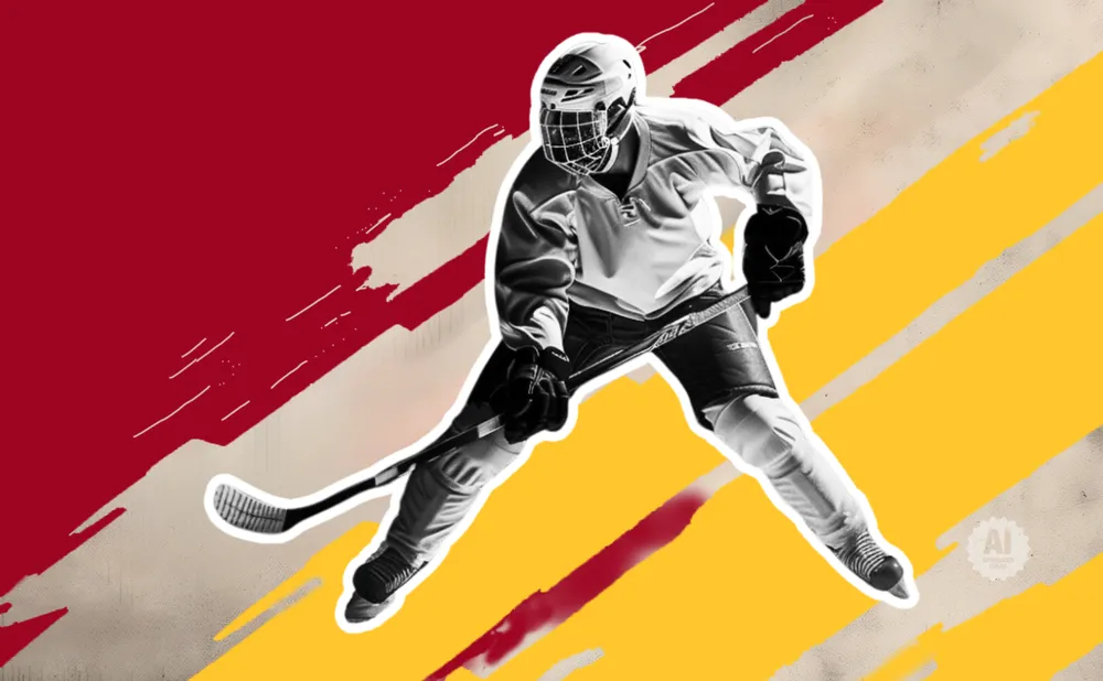 A hockey player in full gear skates with a stick.