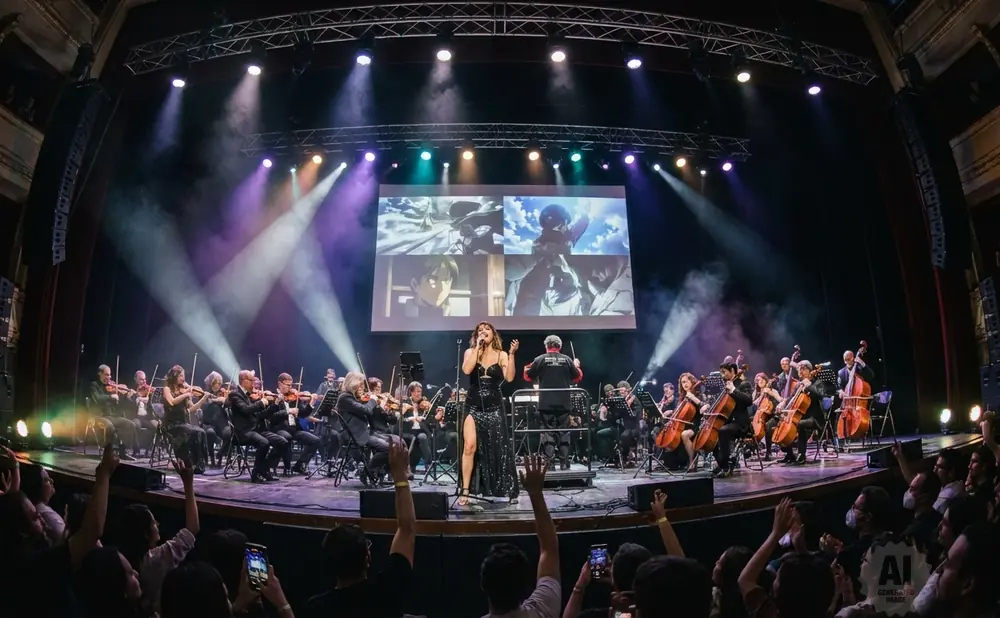 Singer and orchestra perform in front of a screen displaying anime clips.