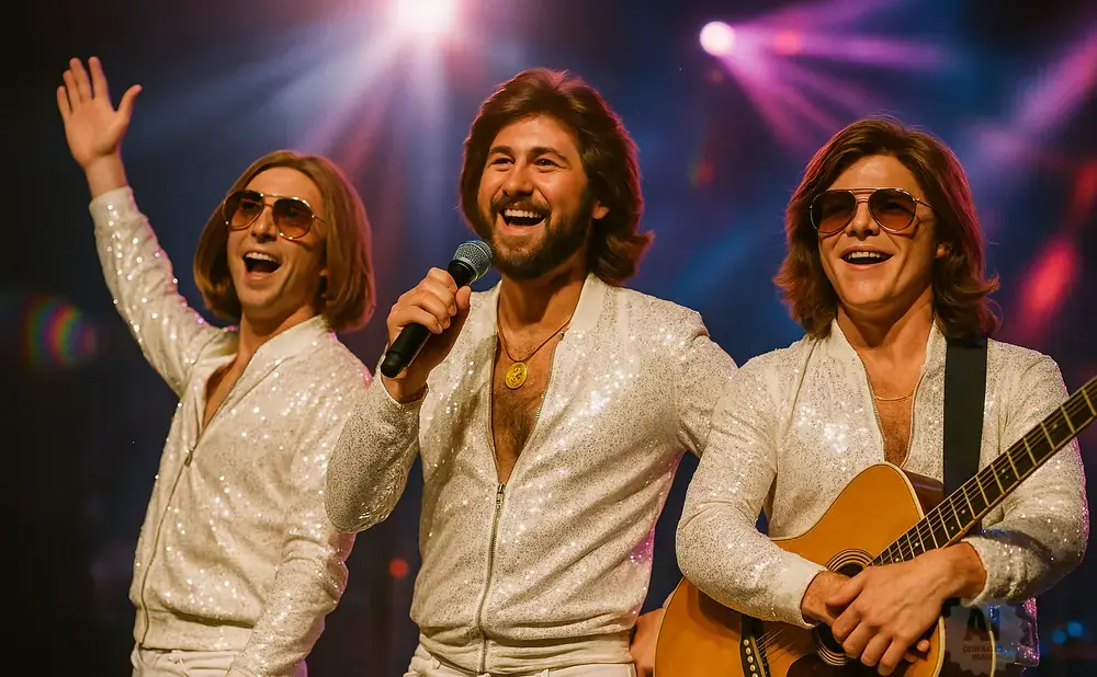Three men in sparkly white jackets and 70s hairstyles perform on stage. One sings into a microphone, another plays guitar.