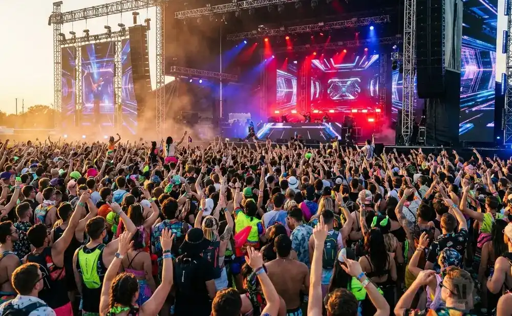 A crowd at an outdoor concert with a band performing on stage with colorful lights.