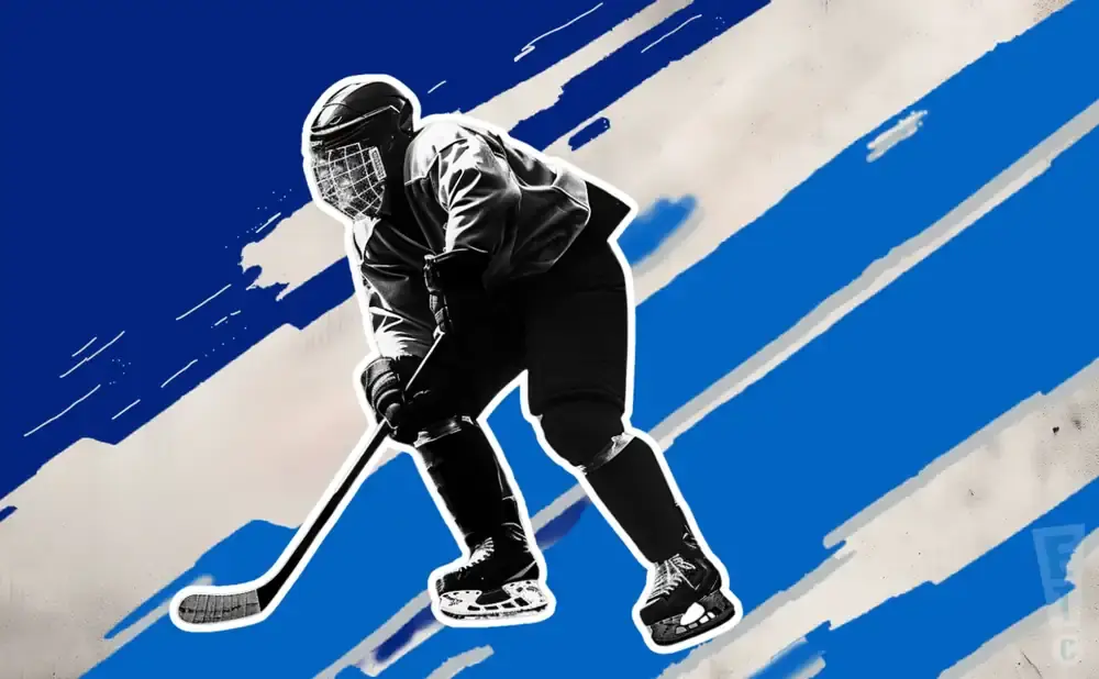 A hockey player in full gear skates against a blue and white abstract background.