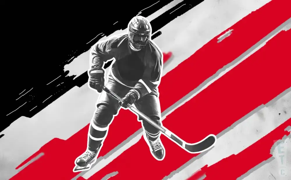 A black and white hockey player in mid-action with a red and white striped background.