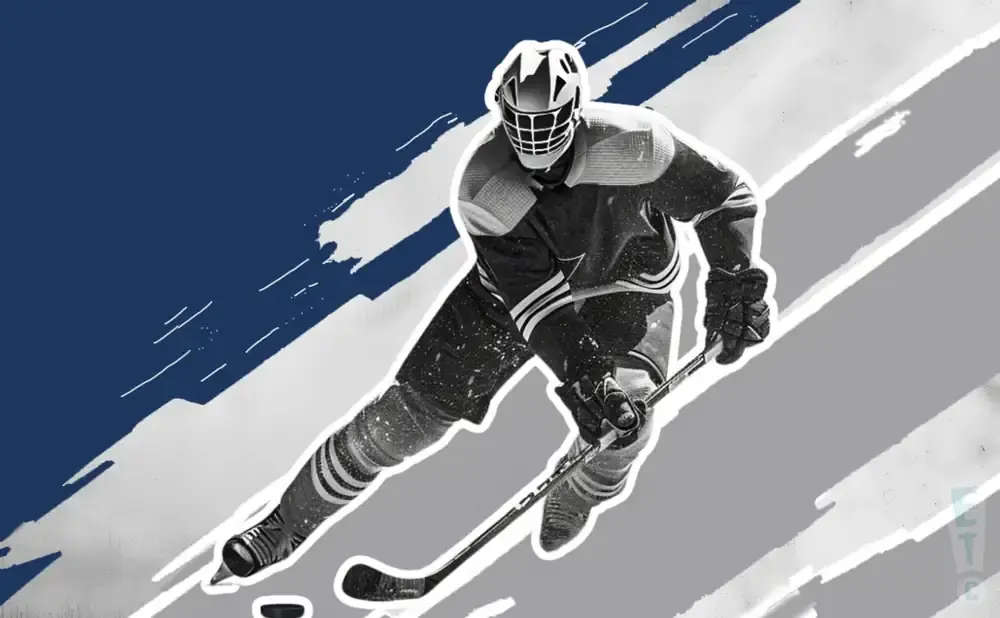 A hockey player skates with a stick, against a blue and grey abstract background with white stripes.