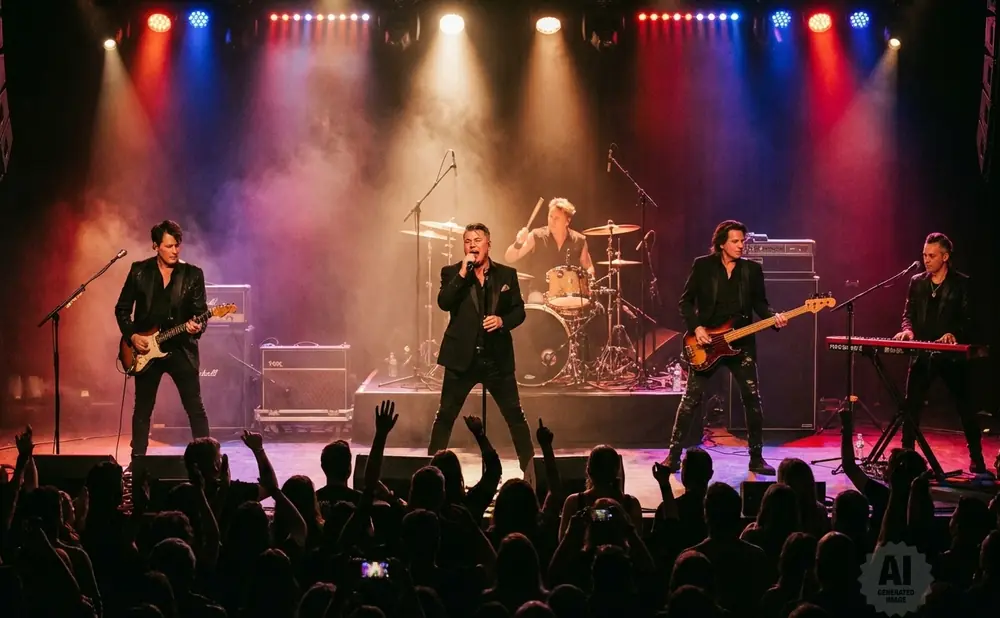 A band performs on stage with red and blue lights, a drummer behind them, and a cheering crowd in the foreground.