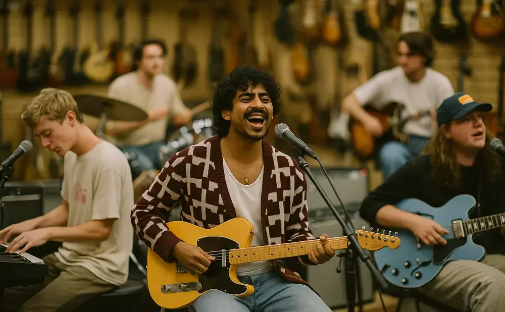A band plays music in a guitar shop with instruments on display.