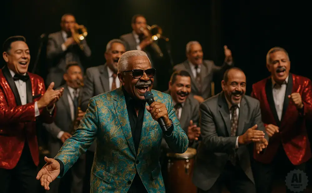 A band performs with a lead singer in a bright blue patterned suit, surrounded by musicians in suits.