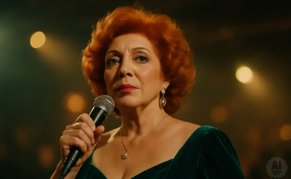 A woman with red hair and a green dress sings into a microphone, her face illuminated by stage lights.