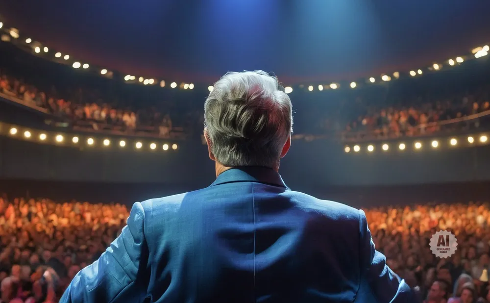 Back of a man in a blue suit on stage, facing a large, applauding audience under stadium lights.