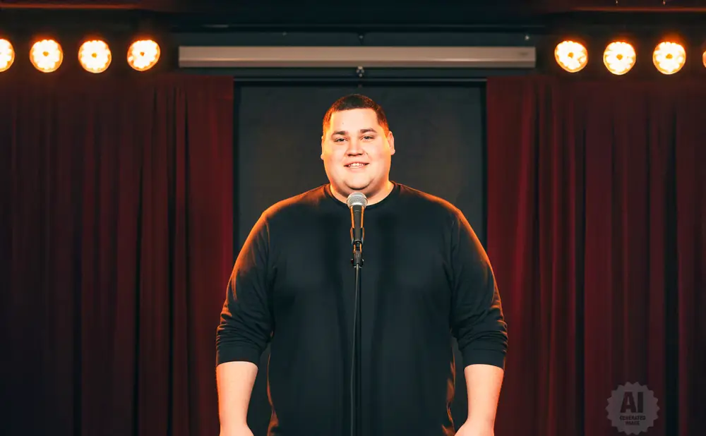 A man in a black shirt stands before a microphone on a stage with red curtains and bright spotlights.