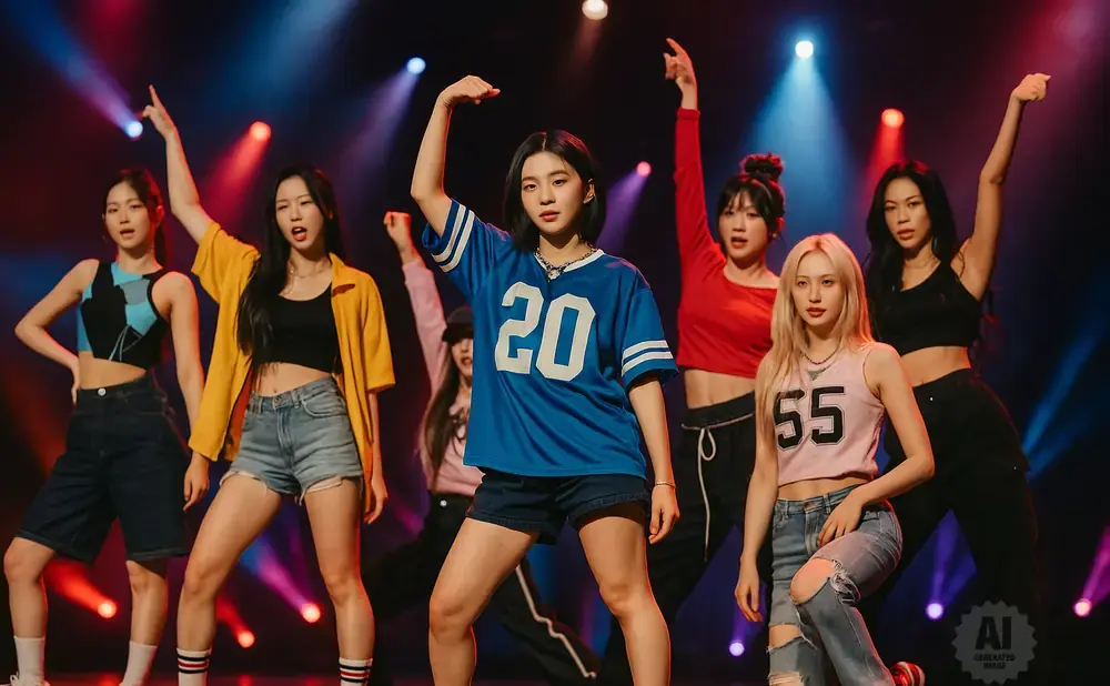 A K-Pop group of seven young women in stylish outfits perform on a stage with colorful lights.