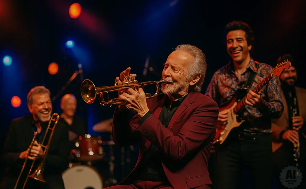 A jazz band performs with a trumpeter in the foreground wearing a maroon suit.