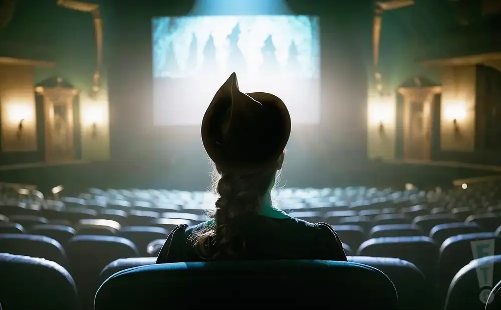 A person in a hat watches a projection in an empty movie theater.