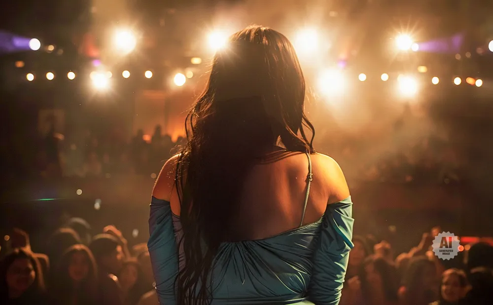 Woman in teal dress on stage facing crowd with bright lights behind her.