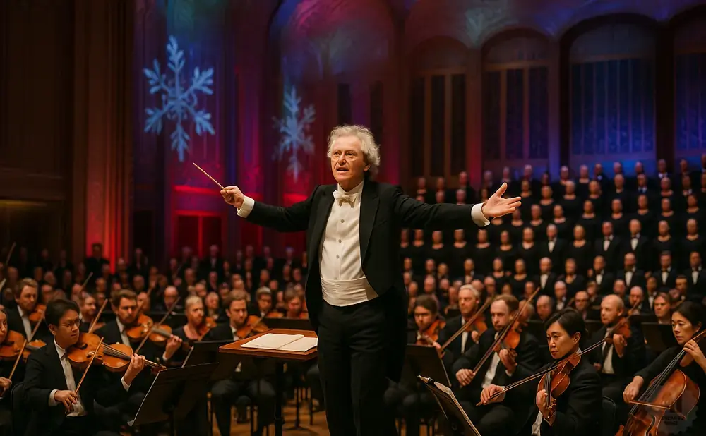 A conductor leads an orchestra and choir during a holiday concert, with snowflakes projected on the backdrop.