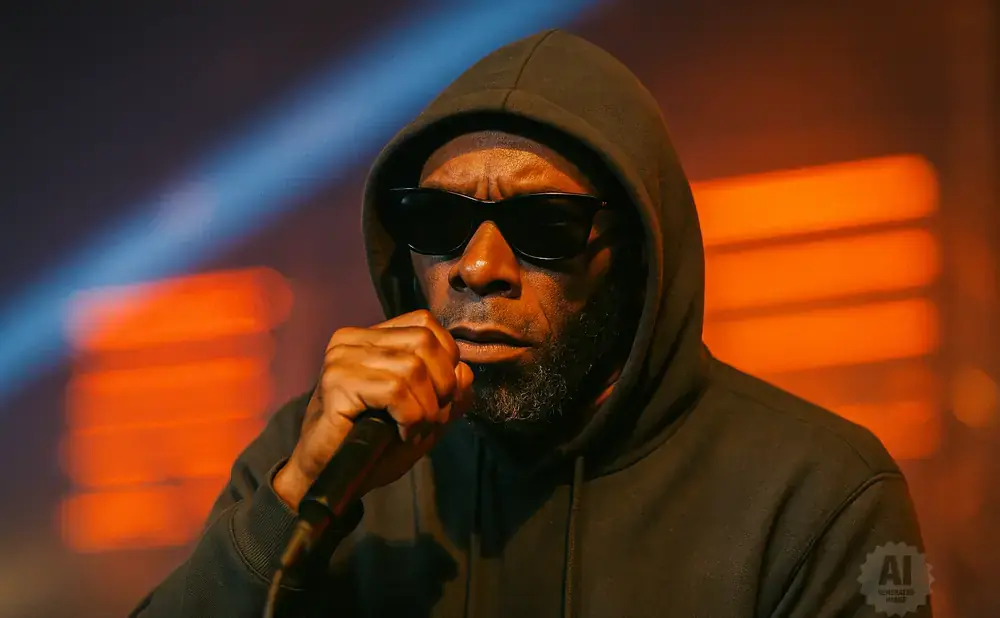 A man in a black hoodie and sunglasses holds a microphone to his lips, illuminated by orange lights.