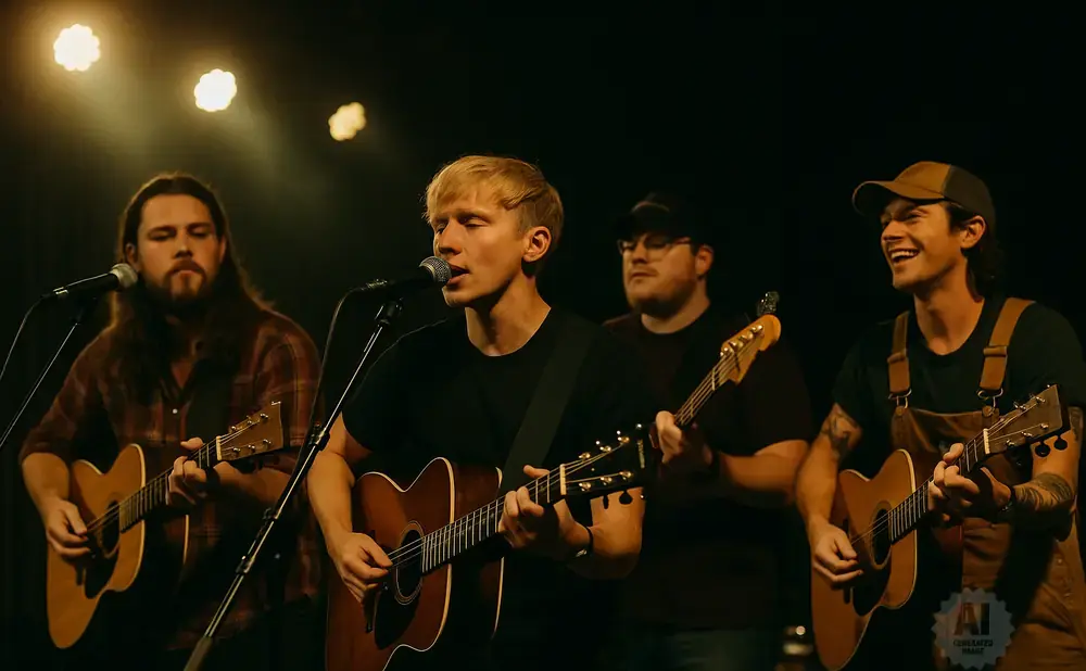 A band of four men playing acoustic guitars on stage with microphones.