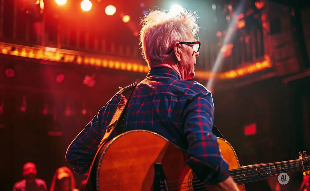 A man with white hair and glasses plays an acoustic guitar on a stage lit by red lights.