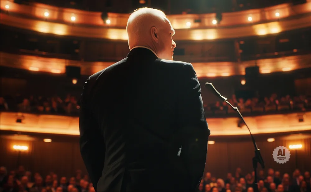 Man in a suit on stage with a microphone, speaking to an audience in a theater.