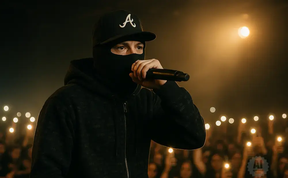 A rapper in a black balaclava and baseball cap performs into a microphone before a cheering crowd.