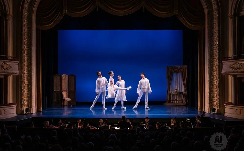 A ballet performance on a blue stage with five dancers in white costumes, with an orchestra and audience in the foreground.