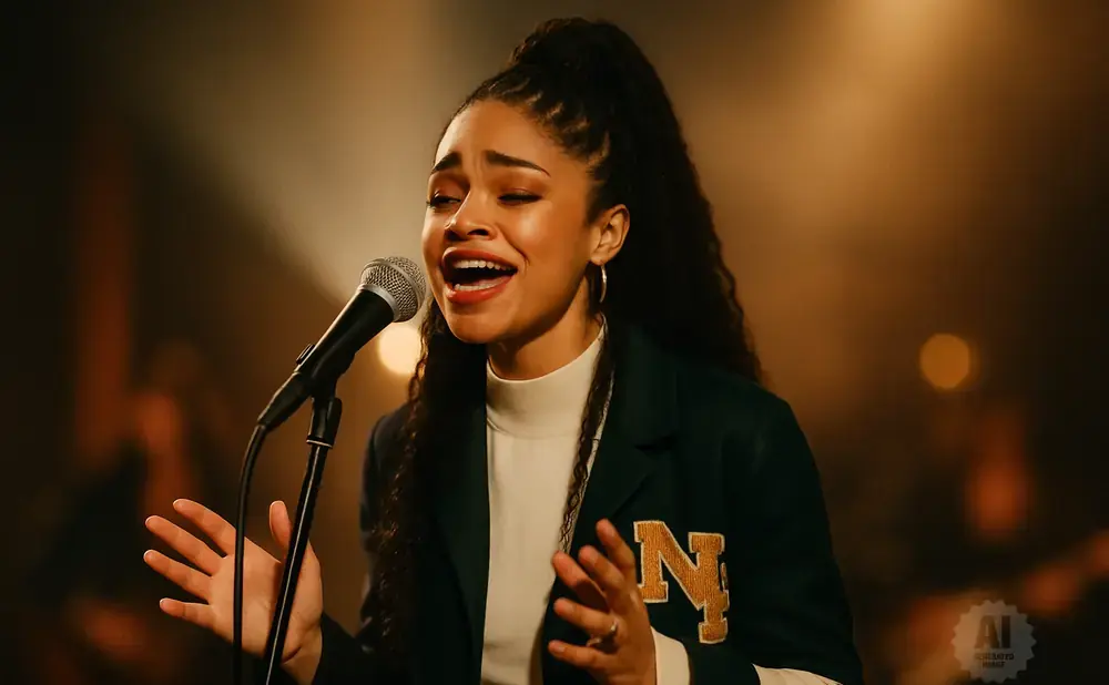 A young Black woman with a high ponytail sings into a microphone, wearing a green jacket with an 