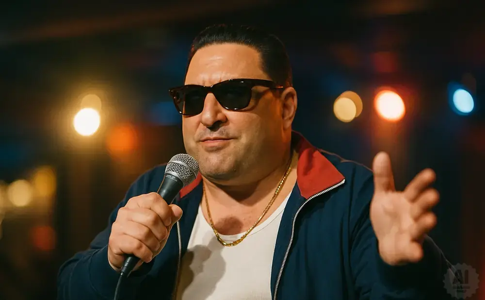 Comedian wearing sunglasses and a gold chain holds a microphone and gestures with his hand.