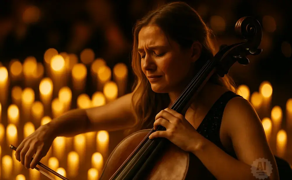 Woman with tears in her eyes plays cello by candlelight.