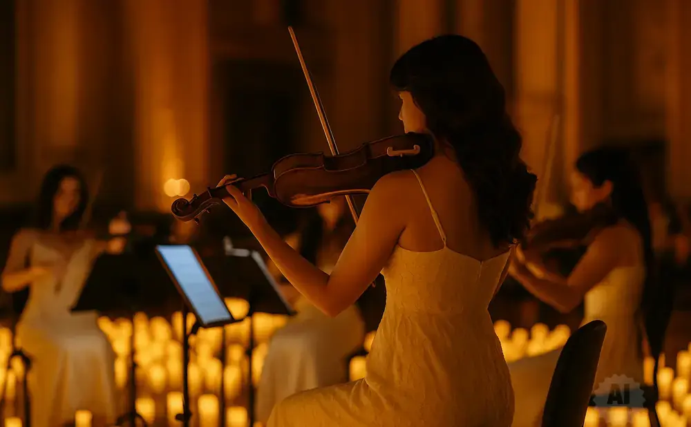 A woman in a white dress plays the violin by candlelight, with other musicians blurred in the background.