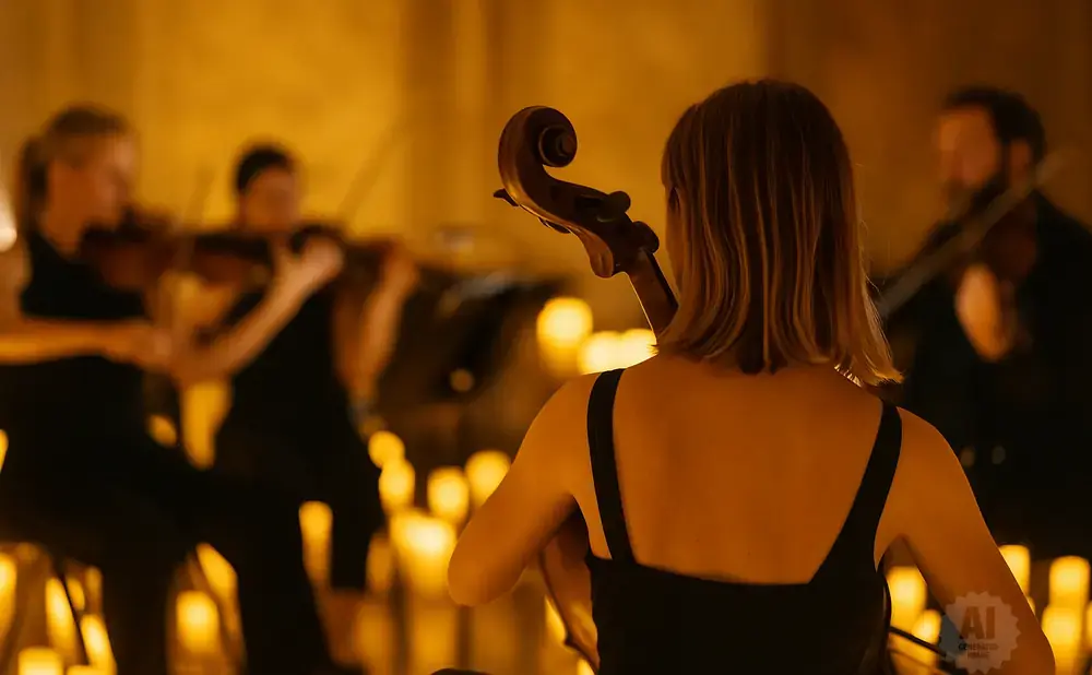 A cello player is in the foreground, with a string quartet playing behind her.