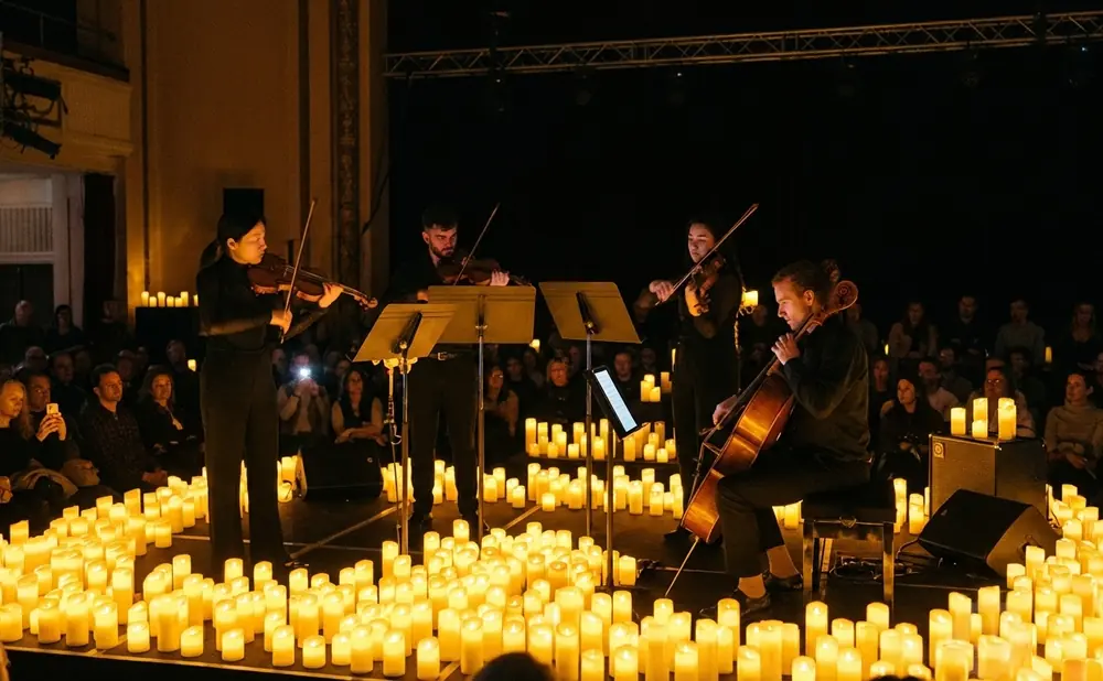 A string quartet performs on a stage lit by thousands of candles, with an audience in the background.
