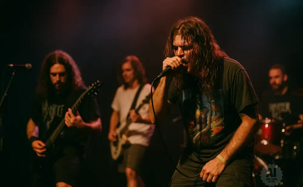 A rock band performs live, with the lead singer in the foreground singing into a microphone.