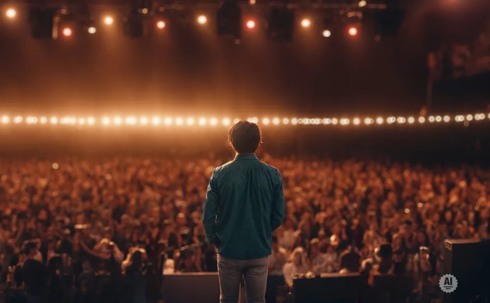 A person stands on a stage facing a large, cheering crowd at a concert, bathed in warm stage lights.