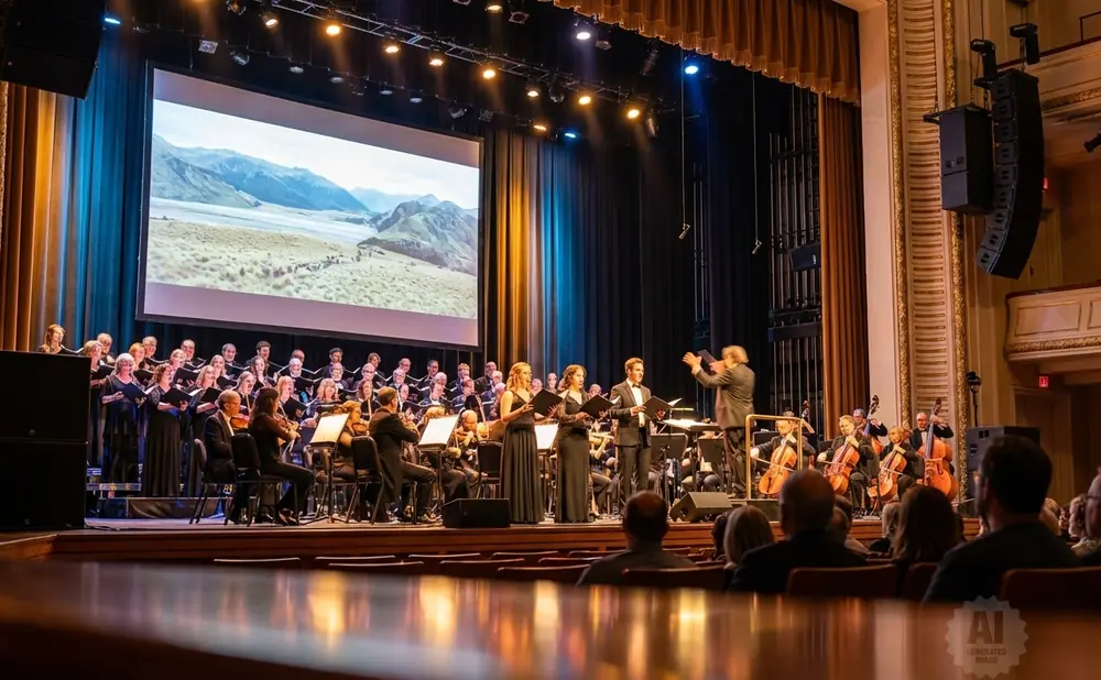 A choir and orchestra perform on stage in front of a large screen displaying a landscape.