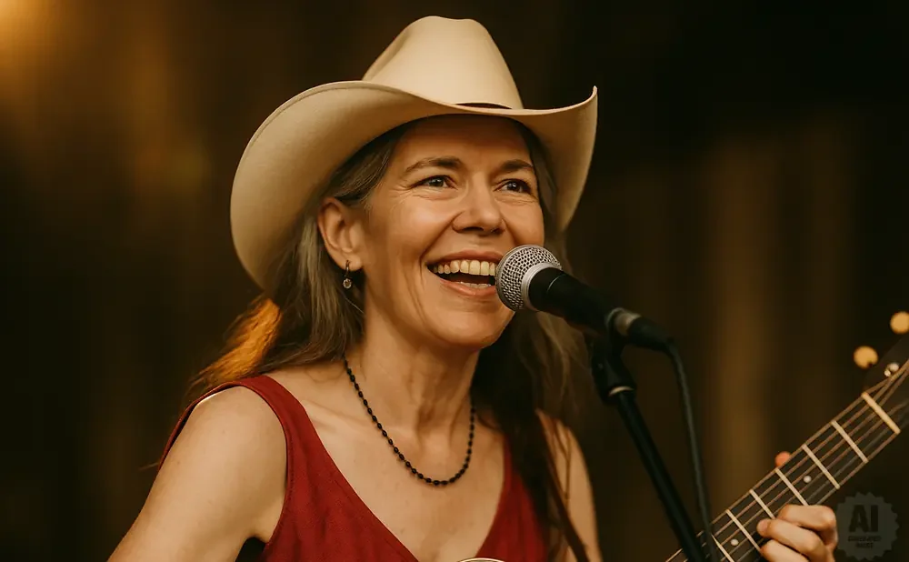 A woman in a cowboy hat smiles while singing into a microphone and playing a guitar.