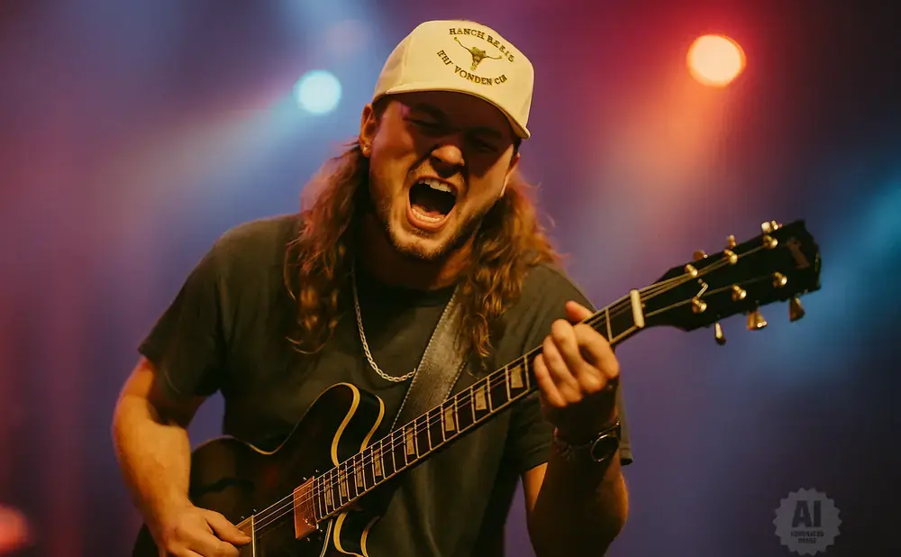 A man with long hair and a cap plays an electric guitar, singing passionately on stage with colorful lights.