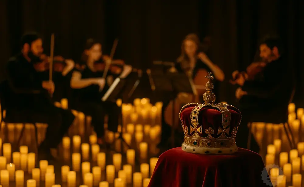 A royal crown sits on a red velvet cushion, surrounded by candles, with a blurred orchestra playing violins in the background.